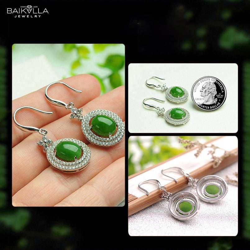 Baikalla Jewelry Silver Gemstone Earrings Baikalla™ "Classic Double Halo" Sterling Silver Genuine Nephrite Green Jade Dangle Earrings