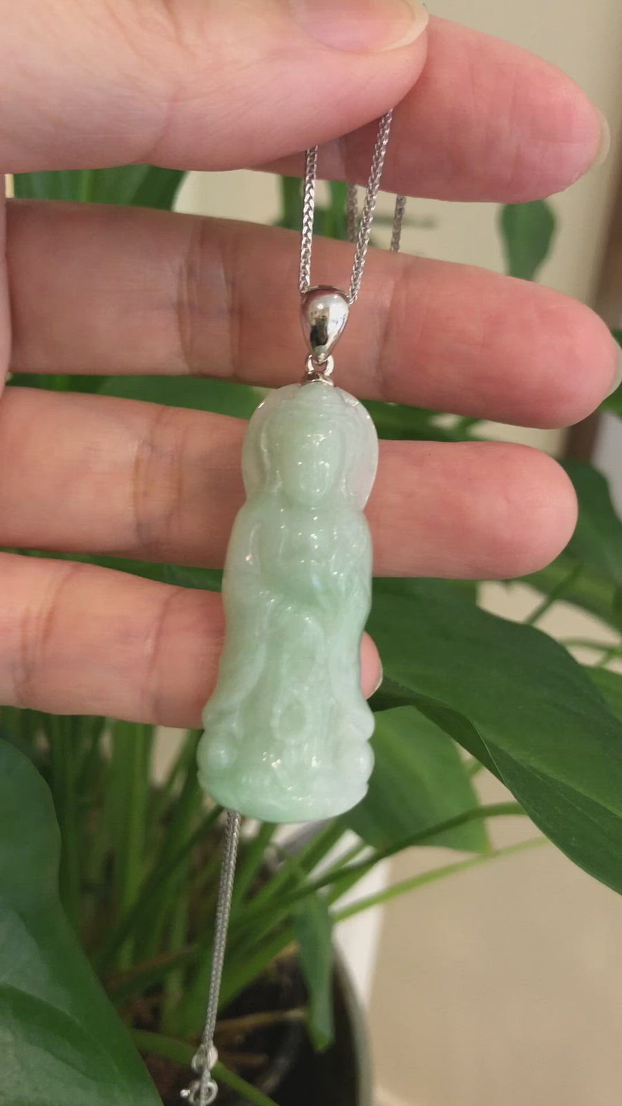 Genuine Burmese Jadeite Jade Green Guanyin Pendant Necklace With Silver Bail