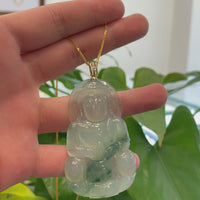 Baikalla 14k Yellow Gold "Goddess of Compassion" Genuine Ice Burmese Jadeite Jade Guanyin Necklace With Gold Bail
