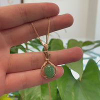 18K Rose Gold Oval Imperial Jadeite Jade Money Bag Style Necklace with Diamonds