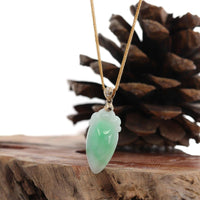 Baikalla Jewelry Jade Pendant Natural Jadeite "Longevity Peach" ShouTao Necklace With 14k Yellow Gold Diamond Bail