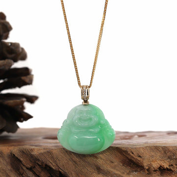 Baikalla Jewelry Jade Pendant Natural Burmese Jadeite Jade Happy Buddha With 14k Yellow VS1 Diamond Bail