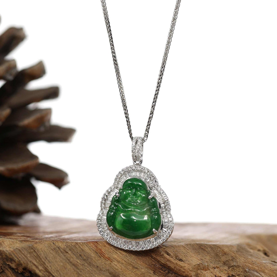 Baikalla Jewelry 18k Gold Jadeite Necklace 18K White Gold High-End Imperial Jadeite Jade Buddha Necklace with Diamonds