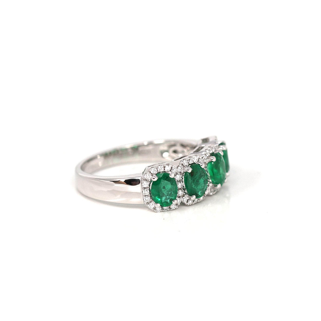 Baikalla Jewelry Gold Emerald Ring 5 18k White Gold Natural Emerald Four Stones Set Band Ring with Diamonds