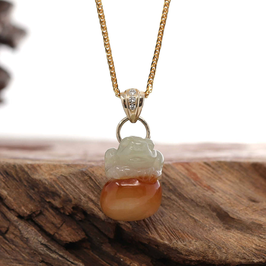 Baikalla Jewelry Jade Pendant 14k Yellow Natural Jadeite Jin Chan "Money Toad" Necklace With 14k Yellow Gold Diamond Bail