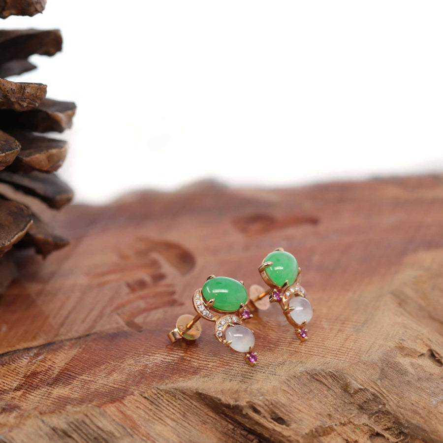 Baikalla Jewelry Gold Jade Earrings 18K Rose Gold Multi Color Jadeite Jade Stud Earrings