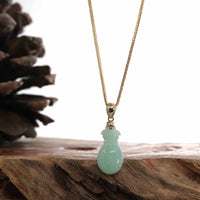 Baikalla Jewelry Jade Pendant Natural Green Jadeite Jade "Magic Bottle Gourd" Hulu Necklace With 14k Yellow Gold Bail