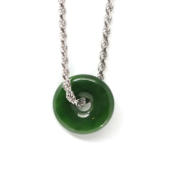 Baikalla Jewelry Jade Pendant Necklace Men's Rope Chain Genuine HeTian Nephrite Green Jade Lucky KouKou Circle Pendant Necklace
