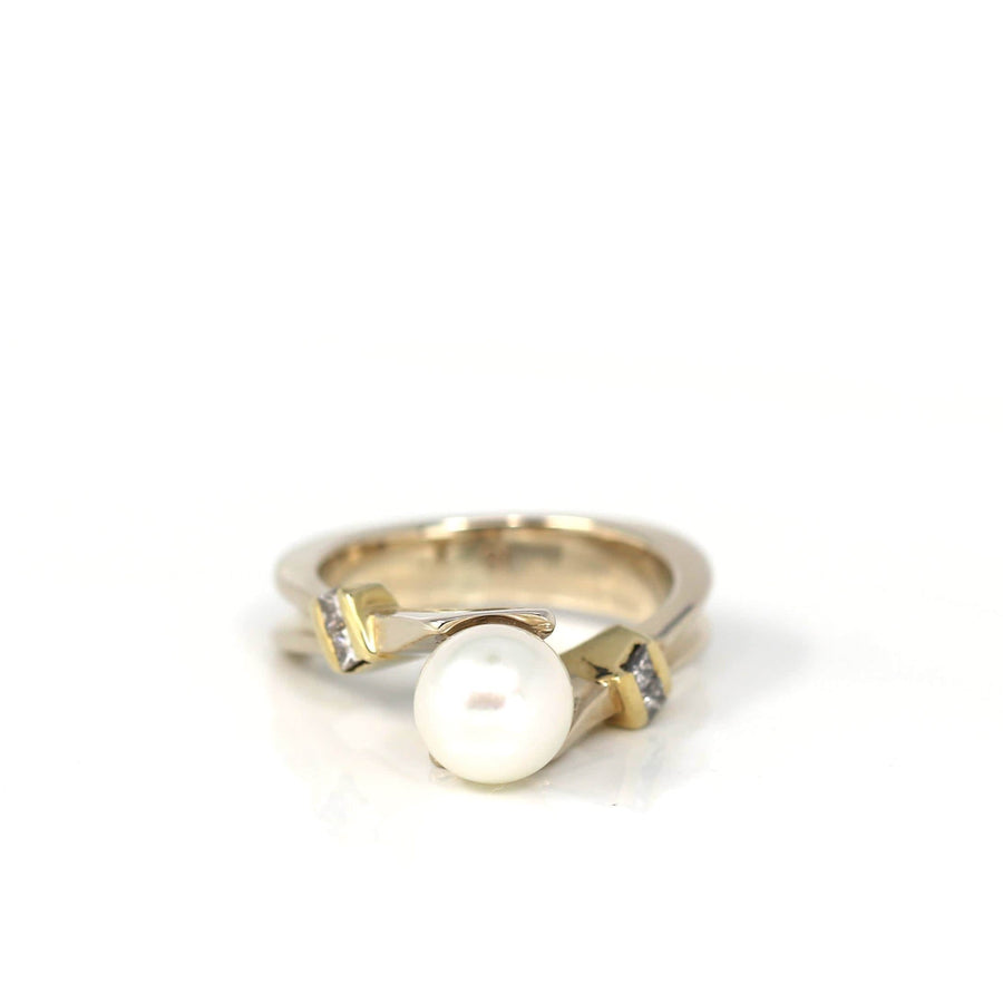 Baikalla Jewelry 18K Gold Tourmaline Ring 18k Yellow Gold Akoya Cultured White Pearl Diamond Ring