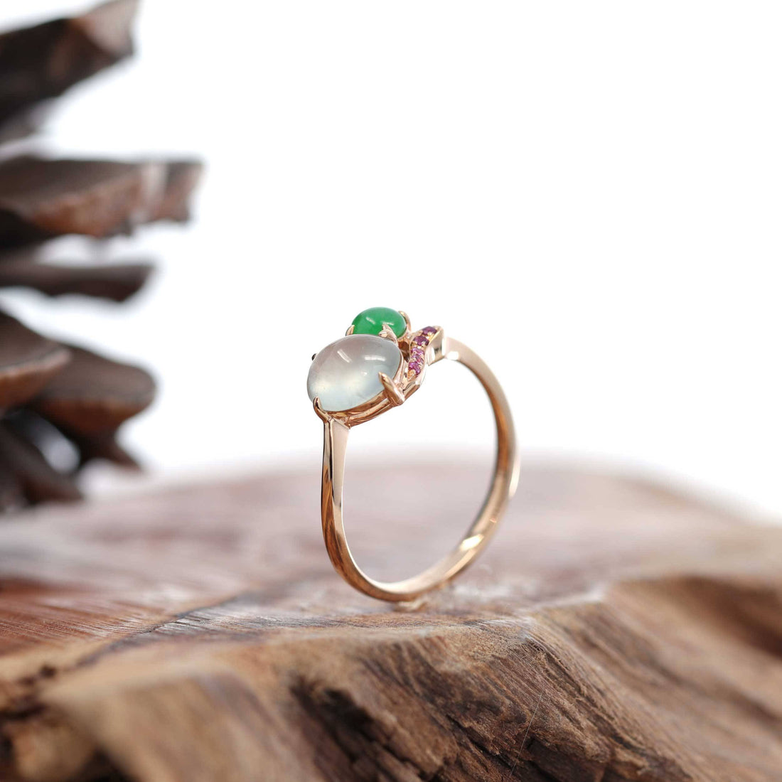 Baikalla Jewelry Jadeite Engagement Ring Baikalla™ "Elora" 18k Rose Gold Natural Ice & Imperial Jadeite Engagement Ring With Rubies & Diamonds