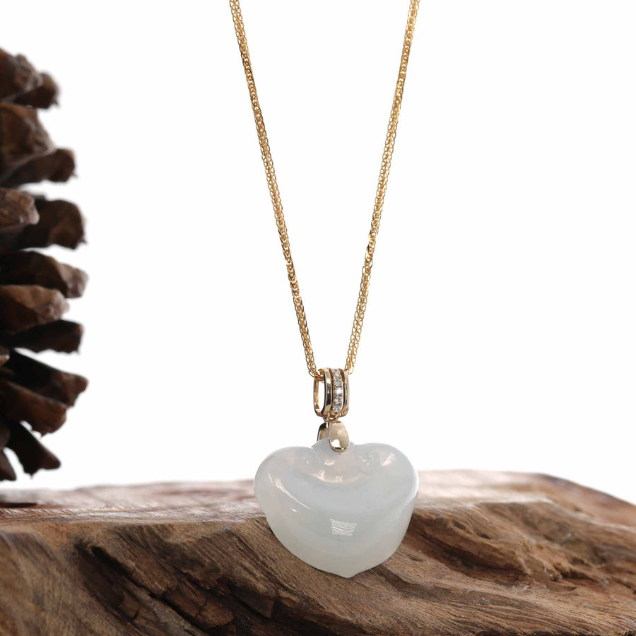 Baikalla Jewelry Jade Pendant Natural Ice White Jadeite Jade Ru Yi Necklace With 14k Yellow Gold VS1 Diamond Bail