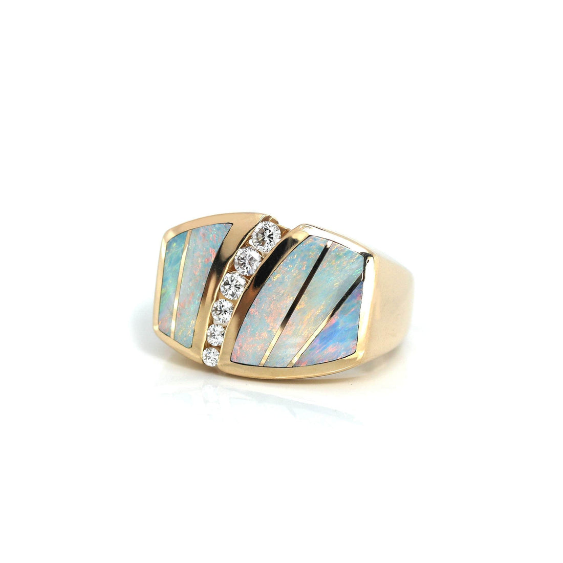 Baikalla Jewelry Gold Opal Ring 8 14k Yellow Gold Natural AAA Australian Opal Men's Ring with Diamonds