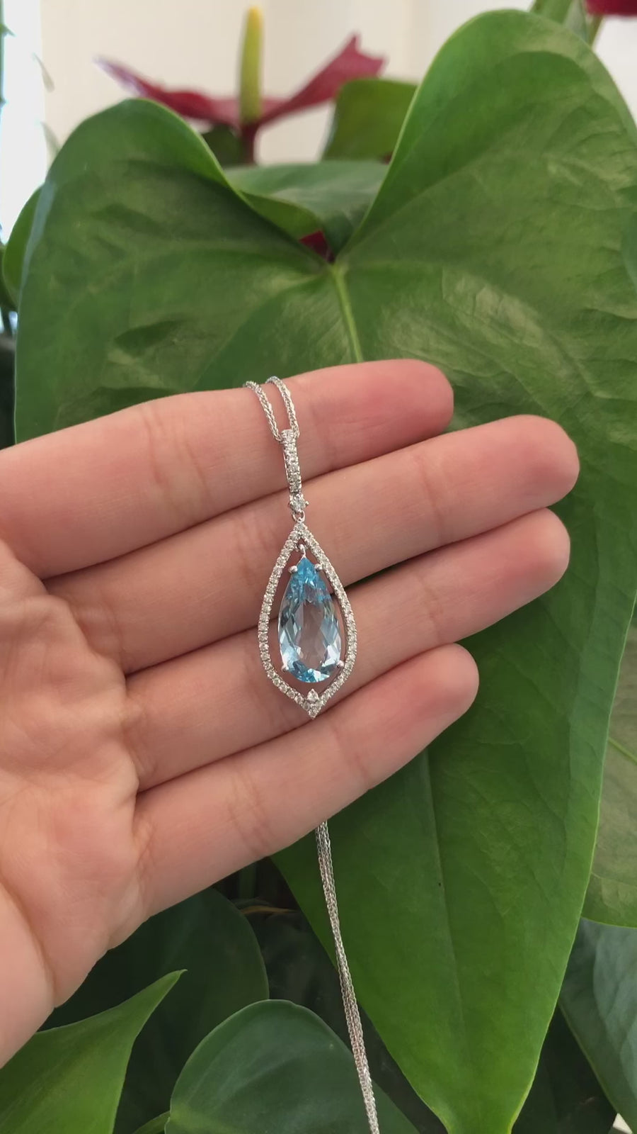 14k White Gold Natural Swiss Blue Topaz Tear Drop Necklace With Diamonds