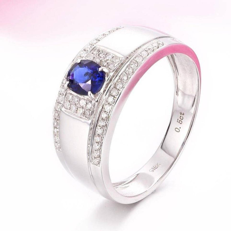 Baikalla Jewelry Gemstone Men's Ring 8 18k White Gold Natural 0.5 ct Sapphire Men's Halo Ring with Diamonds