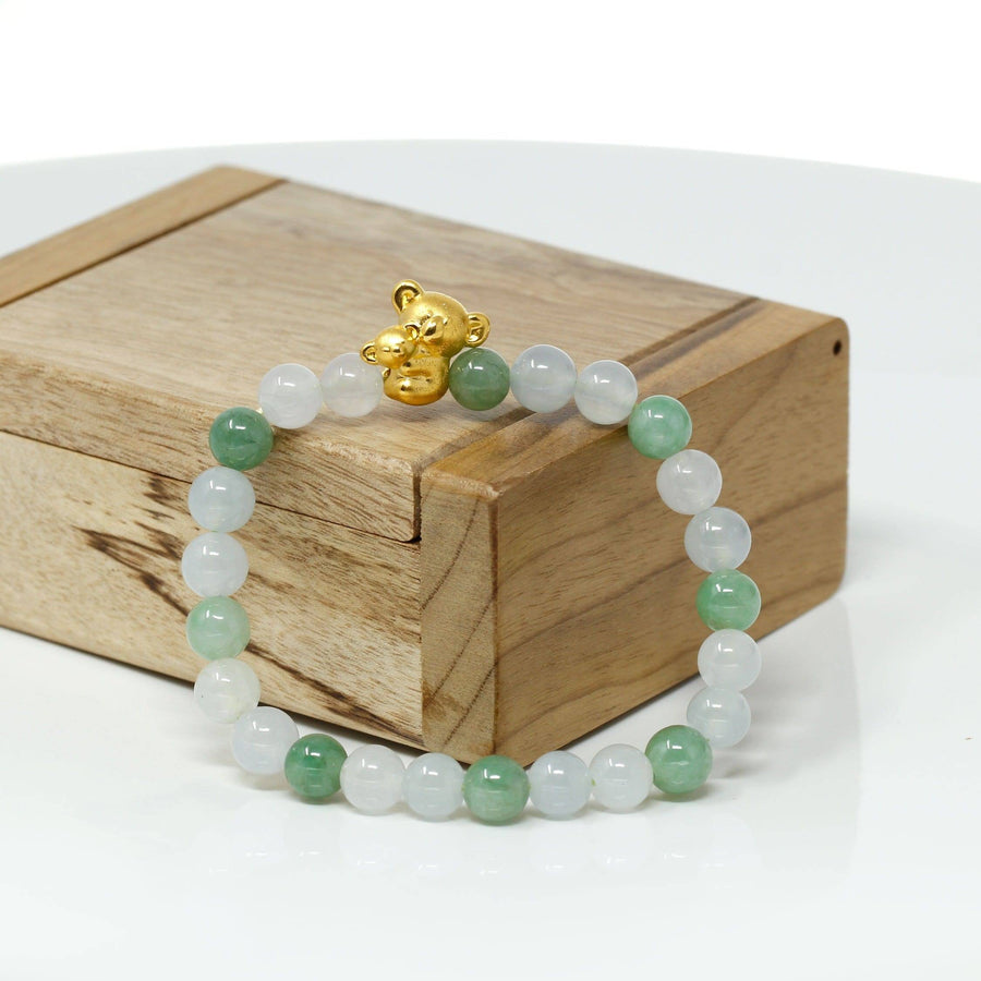Baikalla Jewelry 24k Gold Jadeite Beads Bracelet XS 6 Inches Genuine High-quality Jade Jadeite Bracelet Bangle with 24k Yellow Gold Koala Bear Charm #402