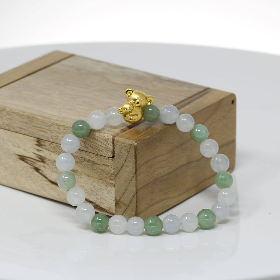 Baikalla Jewelry 24k Gold Jadeite Beads Bracelet Genuine High-quality Jade Jadeite Bracelet Bangle with 24k Yellow Gold Koala Bear Charm #402