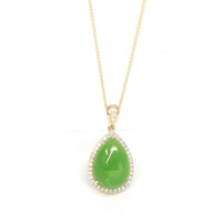 Baikalla Jewelry Gold Jade Pendant 14K Gold "Classic Tear Drop" Green Apple Green Nephrite Jade VS1 Diamond Setting Pendant Necklace