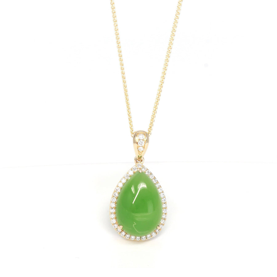 Baikalla Jewelry Gold Jade Pendant 14K Gold "Classic Tear Drop" Green Apple Green Nephrite Jade VS1 Diamond Setting Pendant Necklace