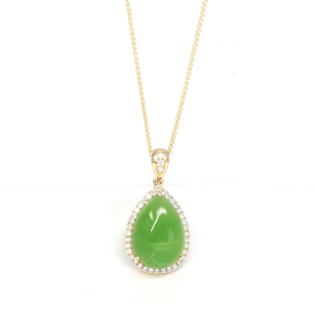 Baikalla Jewelry Gold Jade Pendant With Yellow Gold Chain / Large 14K Gold Genuine Green Apple Green Jade Tear Drop Pendant Necklace With VS1 Diamond