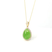 Baikalla Jewelry Gold Jade Pendant Yellow Gold Pendant Only / Small 14K Gold Genuine Green Apple Green Jade Tear Drop Pendant Necklace With VS1 Diamond