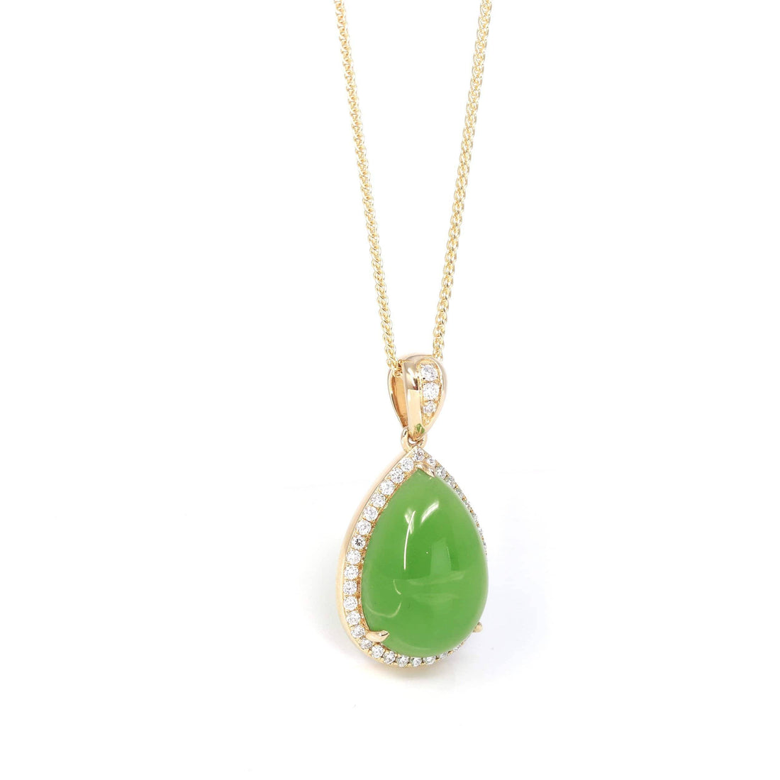 Baikalla Jewelry Gold Jade Pendant 14K Gold Genuine Green Apple Green Jade Tear Drop Pendant Necklace With VS1 Diamond