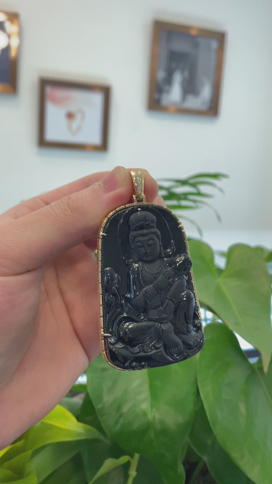 Baikalla 14k Yellow Gold "Goddess of Compassion" Genuine Black Burmese Jadeite Jade Guanyin Necklace With Gold Bail