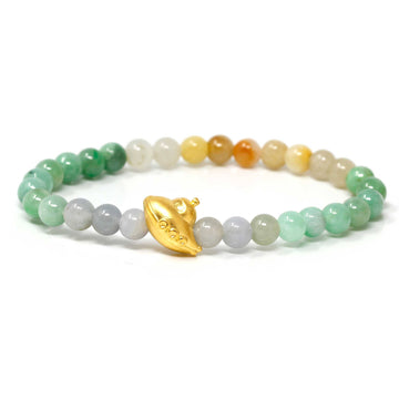 Baikalla Jewelry 24k Gold Jadeite Beads Bracelet XS 6 Inches Genuine High-quality Jade Jadeite Bracelet Bangle with 24k Yellow Gold UFO Charm Colorful  #418
