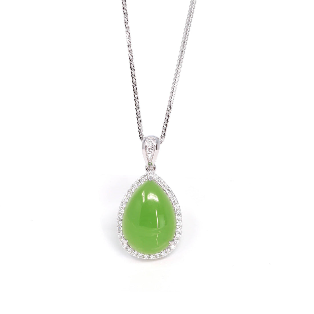 Baikalla Jewelry Gold Jade Pendant 14K Gold Genuine Green Apple Green Jade Tear Drop Pendant Necklace With VS1 Diamond
