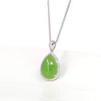 Baikalla Jewelry Gold Jade Pendant Sterling Silver Genuine Green Apple Green Jade Tear Drop Pendant Necklace With White Sapphire
