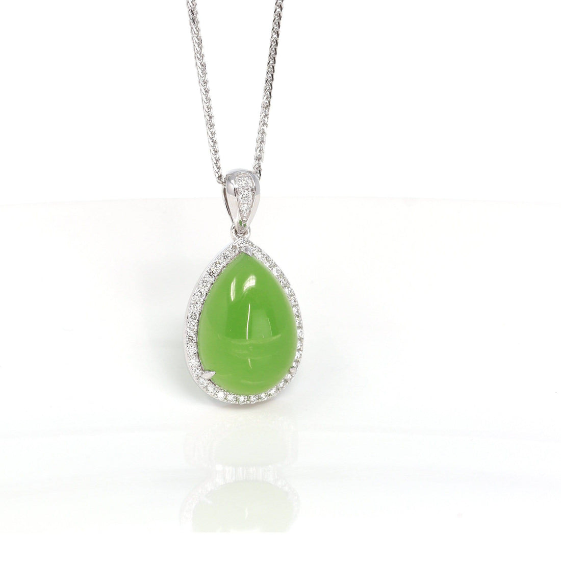 Baikalla Jewelry Gold Jade Pendant 14K White Gold Genuine Green Apple Green Jade Tear Drop Pendant Necklace With VS1 Diamond