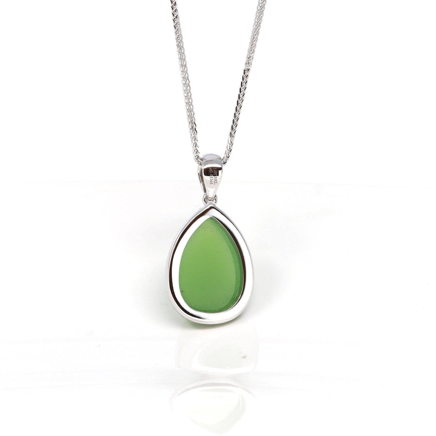 Baikalla Jewelry Gold Jade Pendant 14K White Gold Genuine Green Apple Green Jade Tear Drop Pendant Necklace With VS1 Diamond