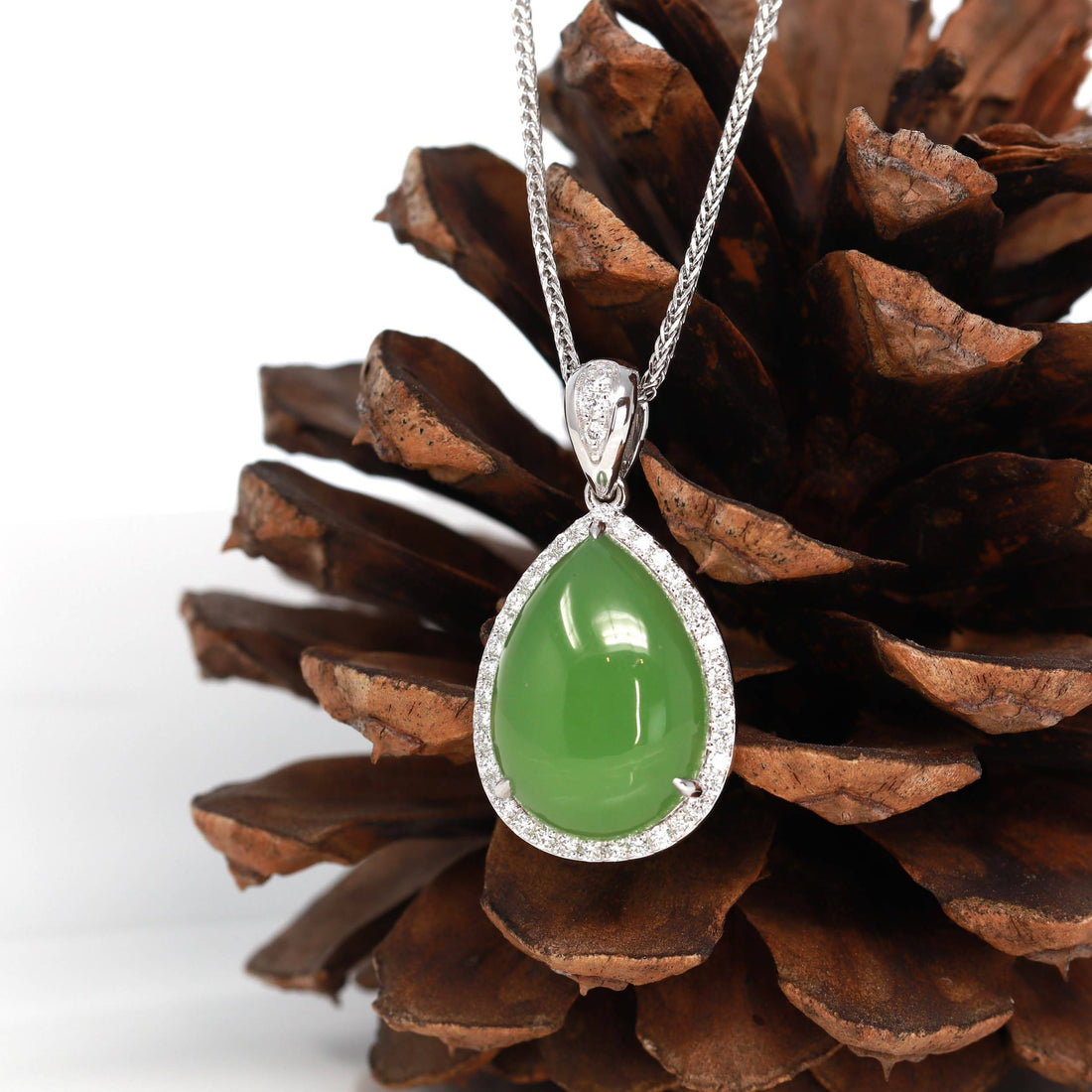 Baikalla Jewelry Gold Jade Pendant Pendant Only 14K White Gold Genuine Green Apple Green Jade Tear Drop Pendant Necklace With VS1 Diamond