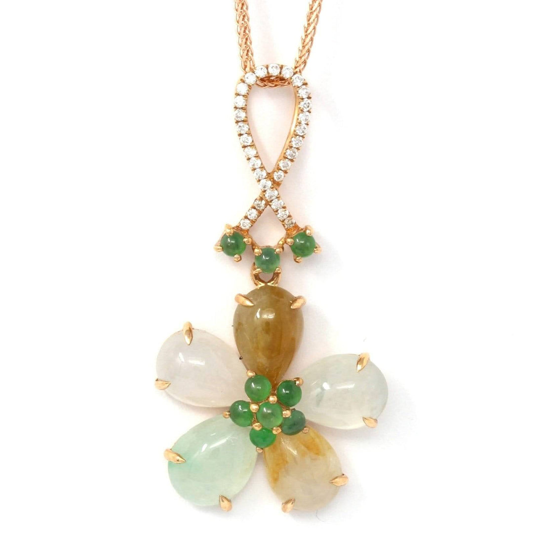 Baikalla Jewelry 18k Gold Jadeite Necklace 18k Rose Gold Genuine Mixed Color Burmese Jadeite Lucky Flower Necklace