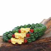 Baikalla Jewelry jade beads bracelet 6.5 inches / Pixiu S 24K Pure Yellow Gold PiXiu With Genuine Green Jade Round Beads Bracelet Bangle ( 9.5 mm )