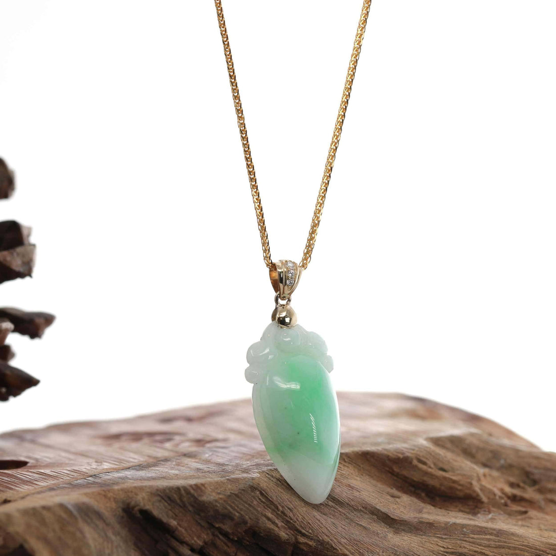 Baikalla Jewelry Jade Pendant Pendant Only Natural Jadeite "Longevity Peach" ShouTao Necklace With 14k Yellow Gold Diamond Bail