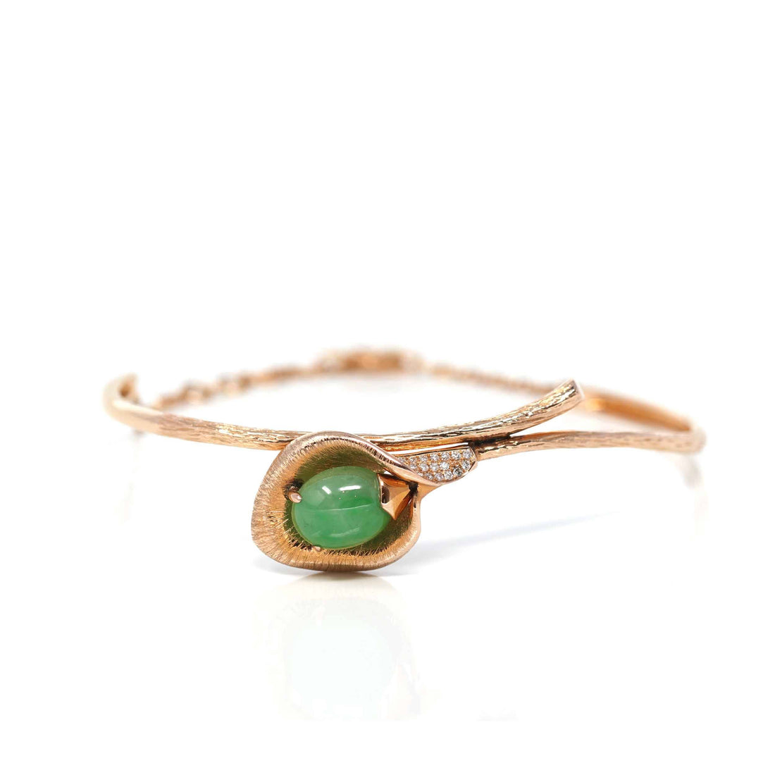 Baikalla Jewelry Gold Jade Bracelet 18k Rose Gold "Morning Glory" Half Bracelet Bangle with Green Imperial Jade & Diamonds
