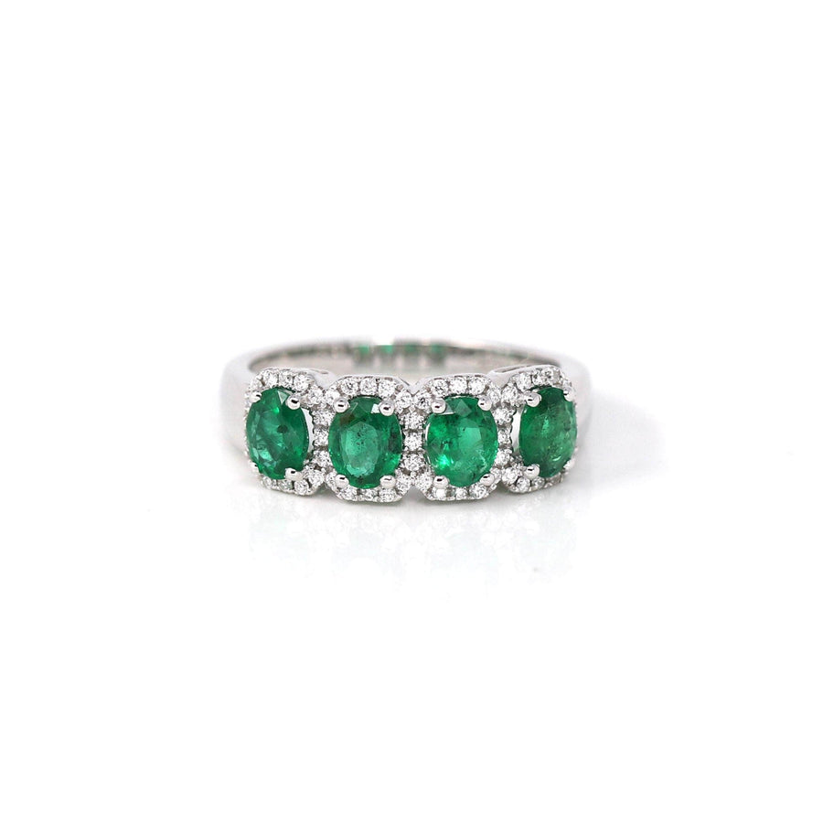 Baikalla Jewelry Gold Emerald Ring 18k White Gold Natural Emerald Four Stones Set Band Ring with Diamonds