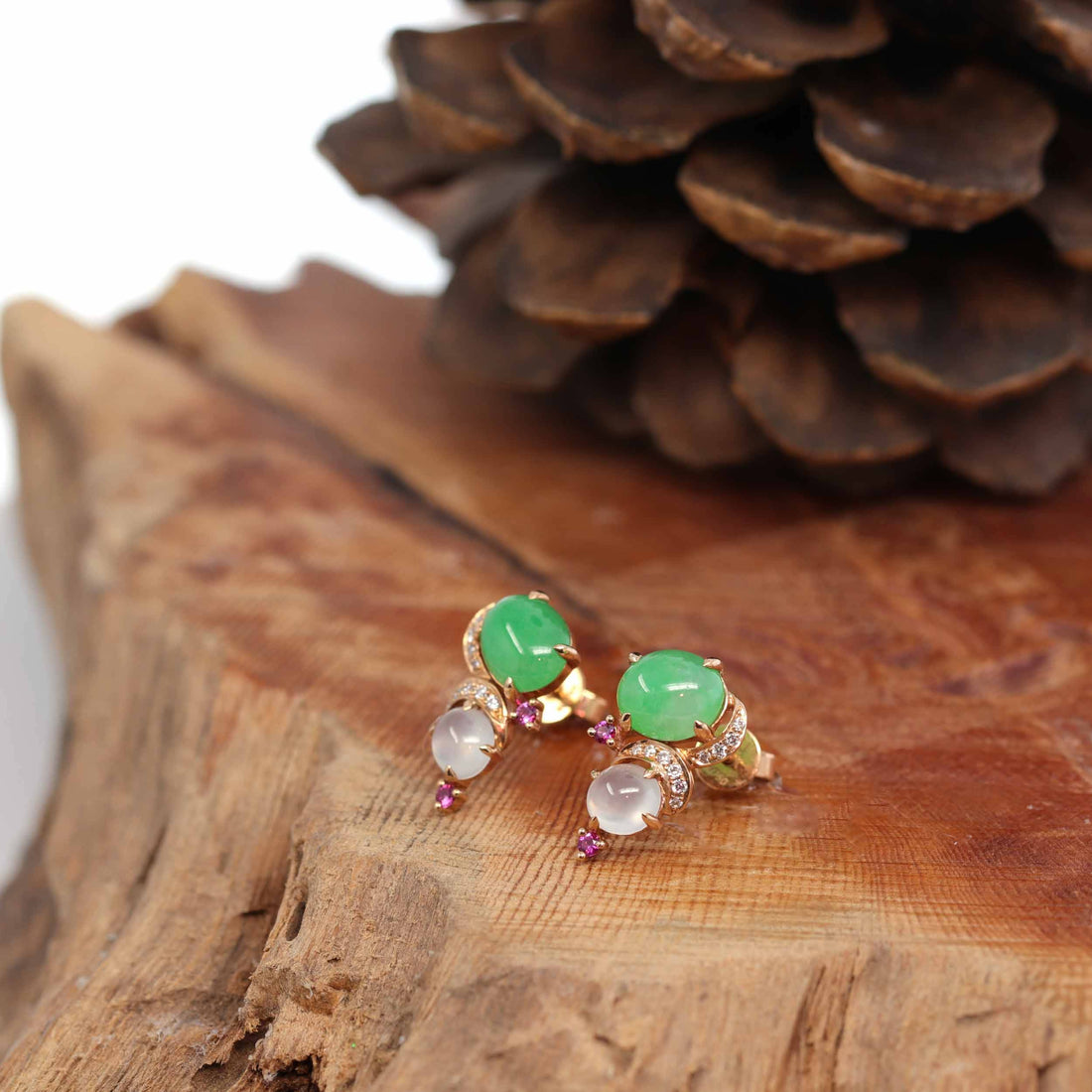 Baikalla Jewelry Gold Jade Earrings 18K Rose Gold Multi Color Jadeite Jade Stud Earrings