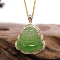 Baikalla Jewelry Gold Jade Buddha Baikalla "Laughing Buddha" 14k Gold Genuine Nephrite Apple Green Jade with 1/3 cttw VS1 Diamonds
