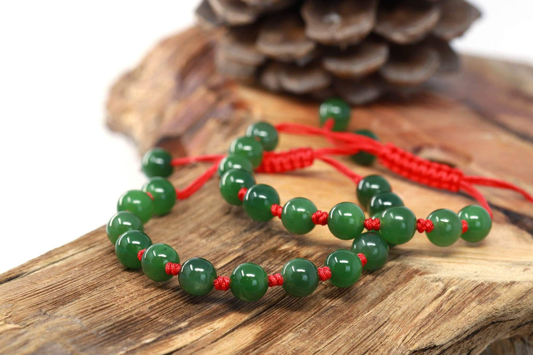 Baikalla 8in Baikalla Natural Nephrite Jade Bead Bracelet With Red String