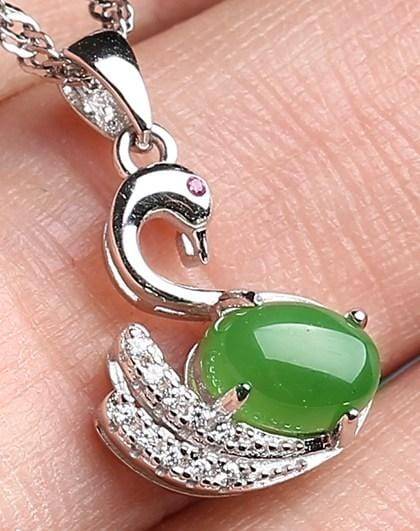 Baikalla Jewelry Jade Pendant Baikalla™ "Love Swan" Genuine Nephrite Green Jade Swan Pendant Necklace with Tourmaline & CZ