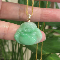 Baikalla™ "Laughing Buddha" Genuine Green Jadeite Buddha Pendant Necklace With 14k Yellow Gold Diamond Bail