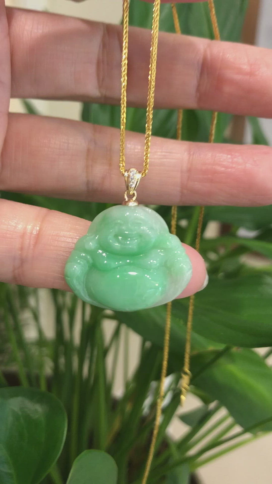 Baikalla™ "Laughing Buddha" Genuine Green Jadeite Buddha Pendant Necklace With 14k Yellow Gold Diamond Bail