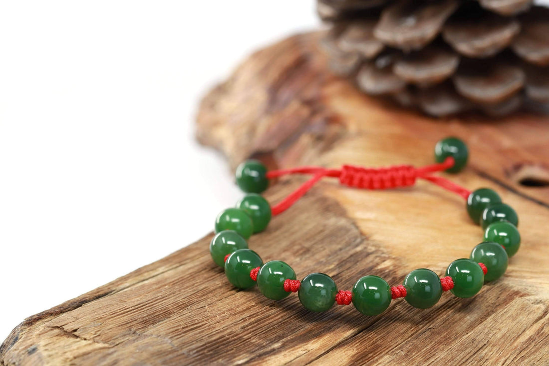 Baikalla Natural Nephrite Jade Bead Bracelet With Red String