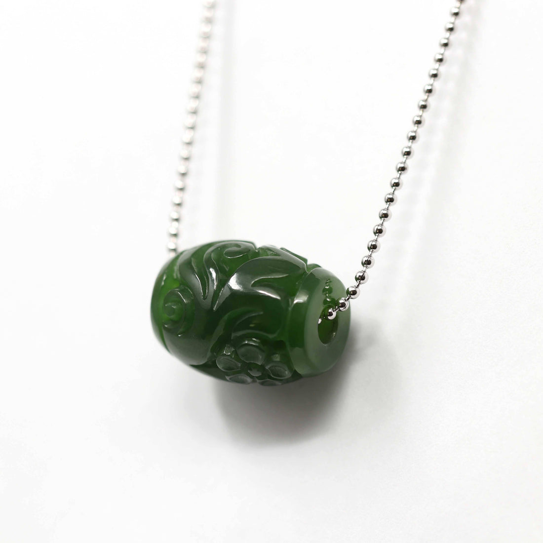Baikalla Jewelry Jade Pendant Necklace Genuine HeTian Nephrite Green Jade Lucky Bead Pendant Necklace With Flower Pattern