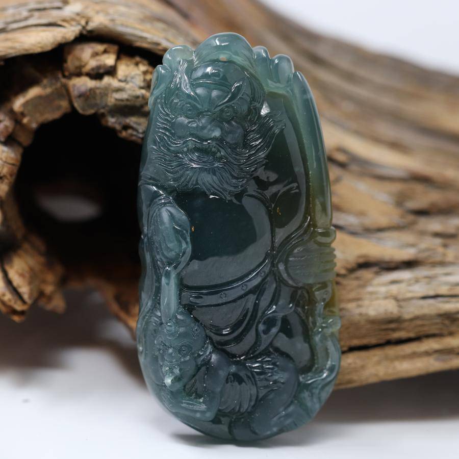 Baikalla Jewelry Jade Carving Necklace Baikalla™ The Demon Hunter" (Zhong Kui)Natural Jadeite Dark Green to Deep Blue Jade Necklace, Collector's piece