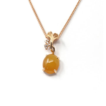 Baikalla Jewelry Gold Jadeite Necklace W/ 18k Gold wheat Chain Baikalla™ "Apricot blossom " 18k Rose Gold Jadeite jade Diamond Pendant Necklace
