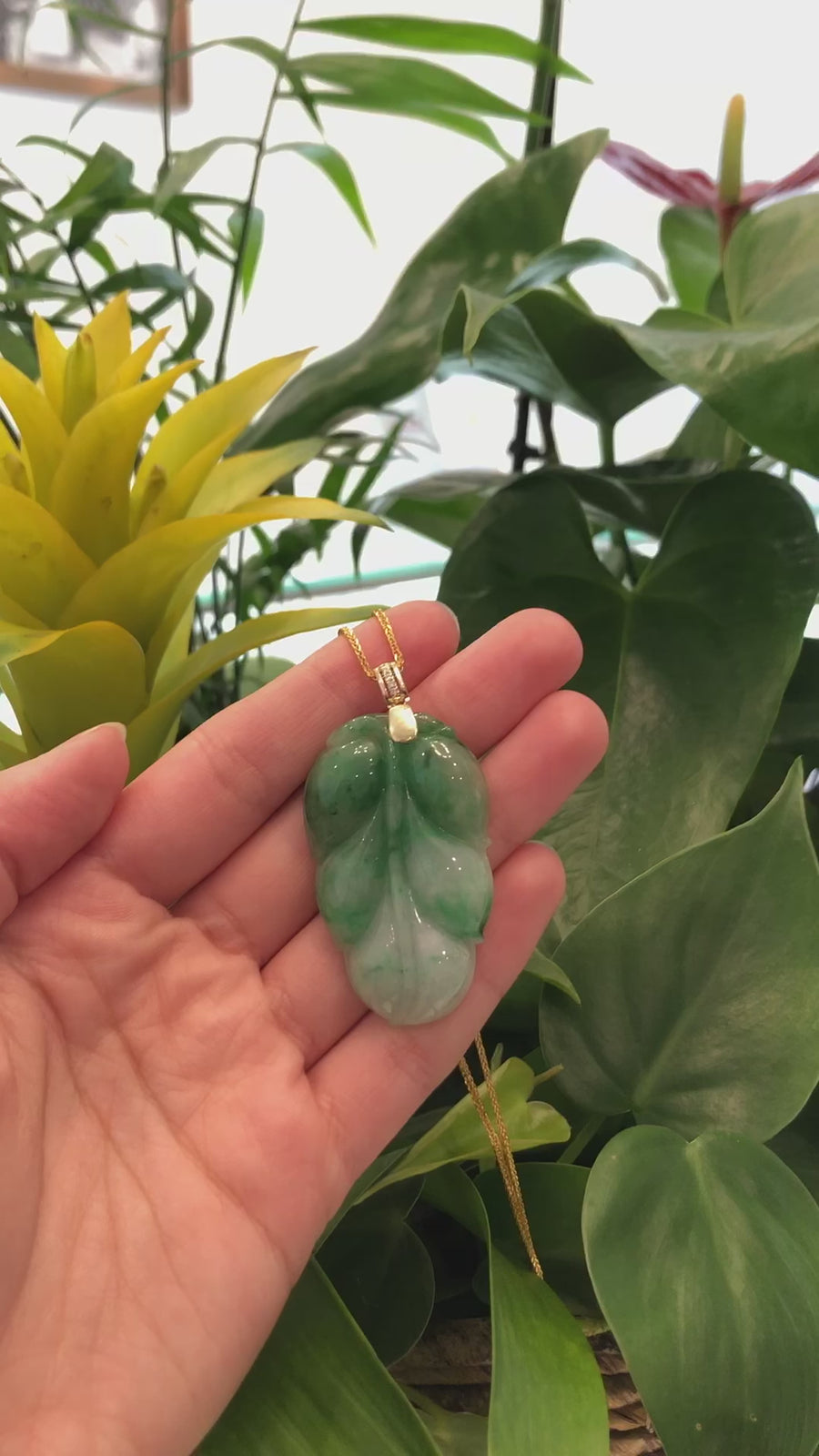 Genuine Green Jadeite Jade Leaf ( Jin Zhi Yu Ye ) Necklace With VSI Diamond Gold Bail