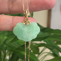 18k Rose Gold Genuine Burmese Green Jadeite Happiness ( Fu & Pingan ) Pendant Necklace