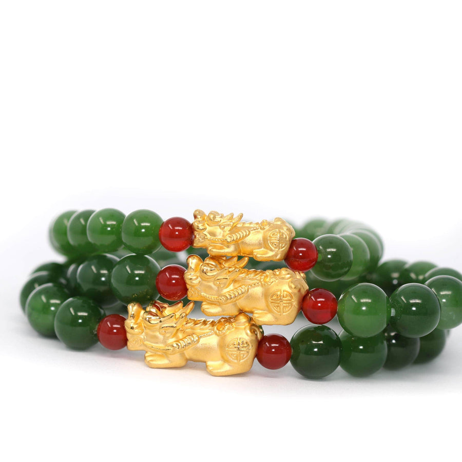 Baikalla Jewelry jade beads bracelet 24K Pure Yellow Gold PiXiu With Genuine Green Jade Round Beads Bracelet Bangle ( 9.5 mm )